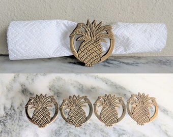 4 Pineapple Napkin Rings, Vintage Brass Pineapple Napkin Ring Set, Gold Pineapple Tropical Tiki Table, Hollywood Regency, Housewarming Gift