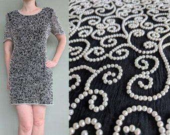1980s Silk & Pearl Cocktail Dress, Black Silk Beaded Party Dress w/ Pearl Beads, Formal Black Tie Elegant Evening Dress, Laurence Kazar