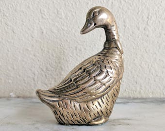 Vintage Carved Brass Duck Goose Figure, Gold Duck Statue Figurine, Duck Desk Décor Cubicle Accessory, Mother Goose Nursery Decor, Duck Gift