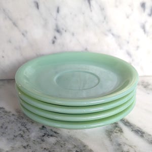 Four 1940s Fire King Jadeite Restaurant Ware Saucers, Vintage Jadeite Heavy Saucer Set, Fire King Collectible Green Milk Glass, G-299