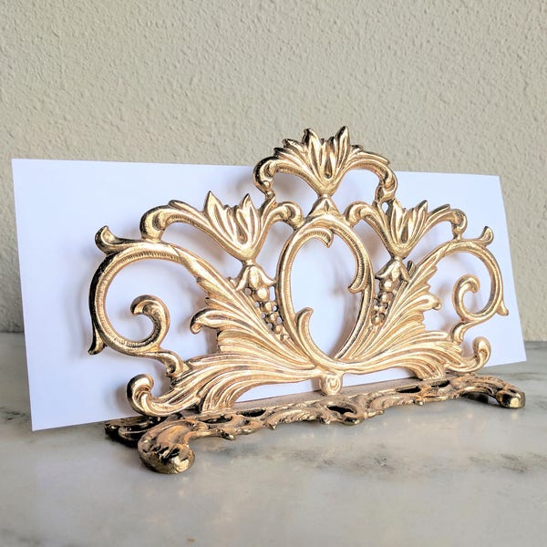 Gold Hollywood Regency Letter Holder, Vintage Gold Brass Mail Organizer, Cute Office Storage Decor, Metal Desk Organizer, Cubicle Accessory