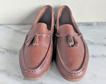 Vintage Mens Ferragamo Leather Loafers, Classic Tassel Designer Work Dress Shoes, Italian Brown Leather Driving Shoes Penny Loafers, 8.5