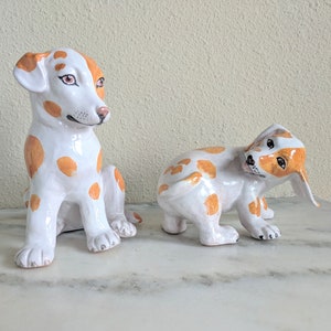 2 Vintage Italian Ceramic Dog Figurines, Handmade Hand Painted Dog Puppy Pottery Statue, Spotted Dog Figurine Paperweight, Dog Lover Gift