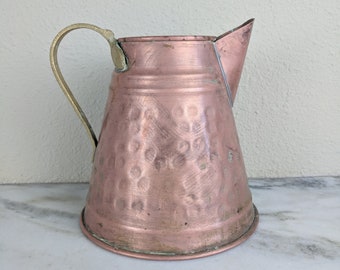 Large Vintage Handmade Copper Pitcher, Antique Hammered Copper Water Pitcher w Brass Handle, Copper Watering Can Vase, Copper Home Decor