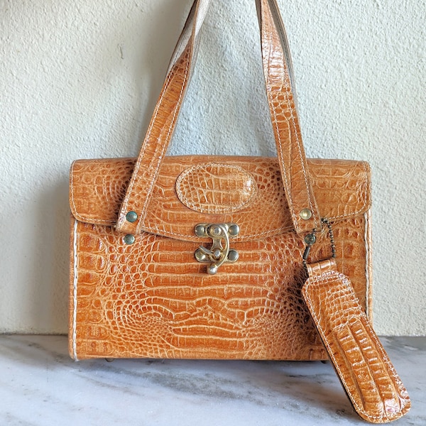 1970s Orange Stamped Leather Purse, Vintage Faux Crocodile Leather Handbag Purse, Retro Boho Hippie Festival Hipster Bag Fashion