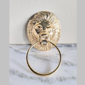 Large Vintage Brass Lion Door Knocker, Fancy Gold Solid Brass Front Door Hardware, Housewarming Gift Hollywood Regency Tropical Jungle