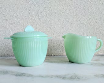 Fire King Jane Ray Jadeite Cream and Sugar Bowl, Vintage Jadeite Cream Sugar Set, Fire King Collectible Glassware, Green Milk Glass
