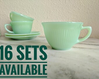Fire King Jane Ray Jadeite Cup & Saucer, Vintage Jadeite Tea Coffee Cups and Saucers Sets, Fire King Collectible Glassware, Green Milk Glass