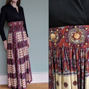 1970s Boho Maxi Dress, Vintage Tribal Ethnic Long Maxi Dress, Hippie Boho Disco Festival Long Sleeve Collared Maxi Dress, Small Medium