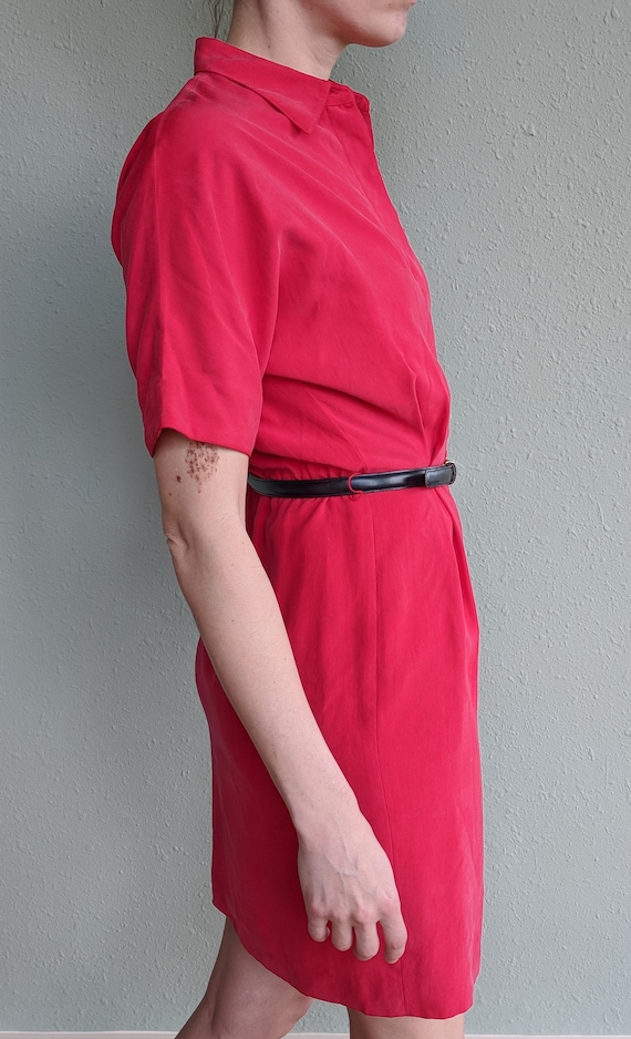 Vintage Red Silk Shirt Dress, 1980s Button Up Cas… - image 8