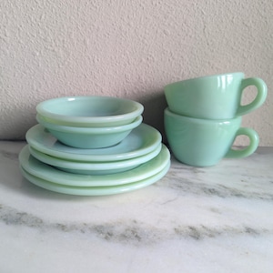 FLAWS - Fire King Jadeite Dish Set of 8, Vintage Restaurant Ware Jadeite Dishes Place Tea Setting, Green Milk Glass