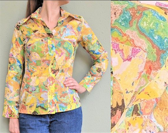 1970s Psychedelic Button Up Shirt, Vintage Ladies… - image 1