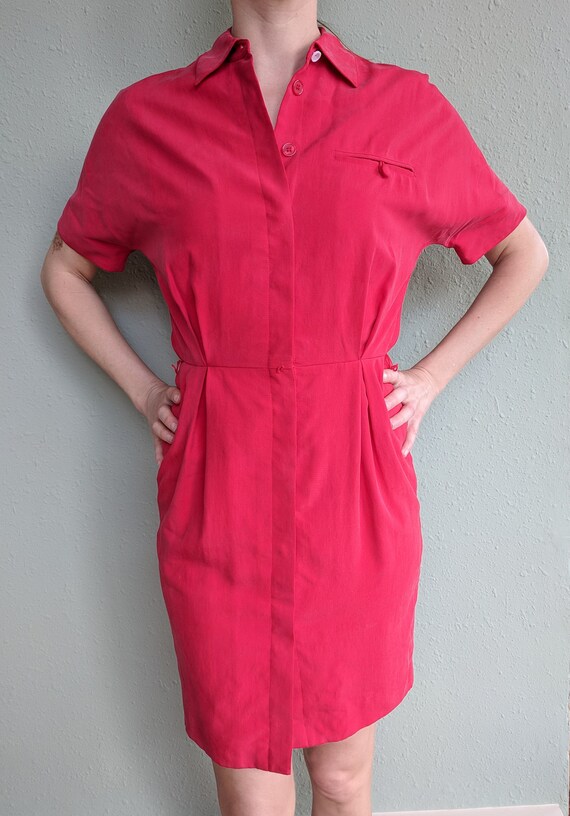 Vintage Red Silk Shirt Dress, 1980s Button Up Cas… - image 3