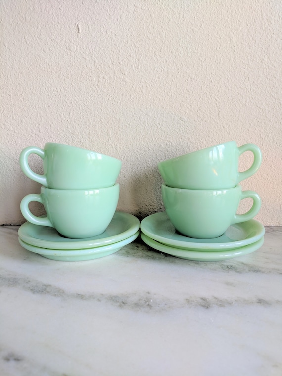 Fire King Jadeite Heavy Mugs & Saucers, Vintage Jadeite Restaurant