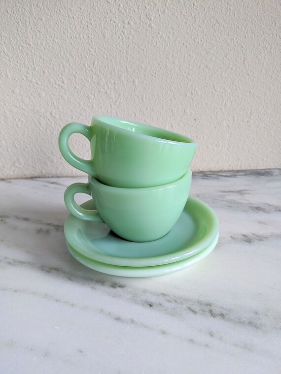 FLAWS 2 Fire King Jadeite Heavy Mugs & Saucers, Vintage Jadeite