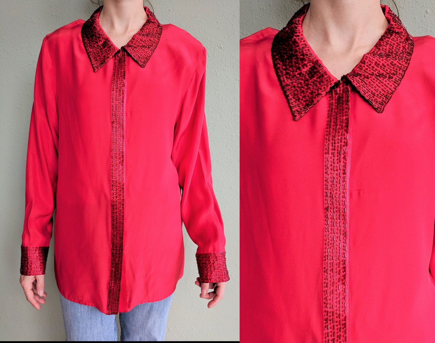 Vintage Beaded Red Silk Blouse Womens 