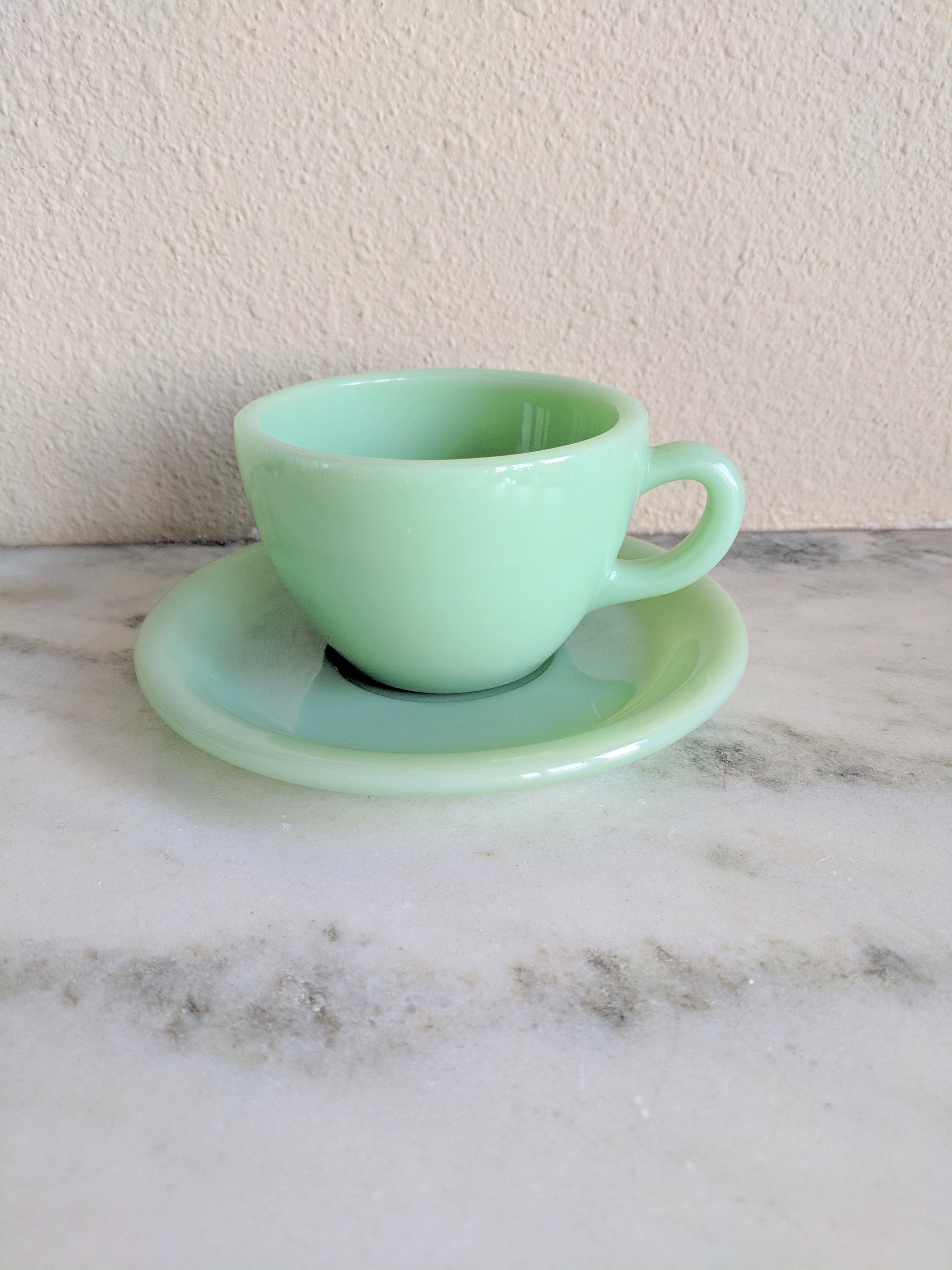 Vintage Mid Century Small Glass Kitchenware Jadeite Green Cup And