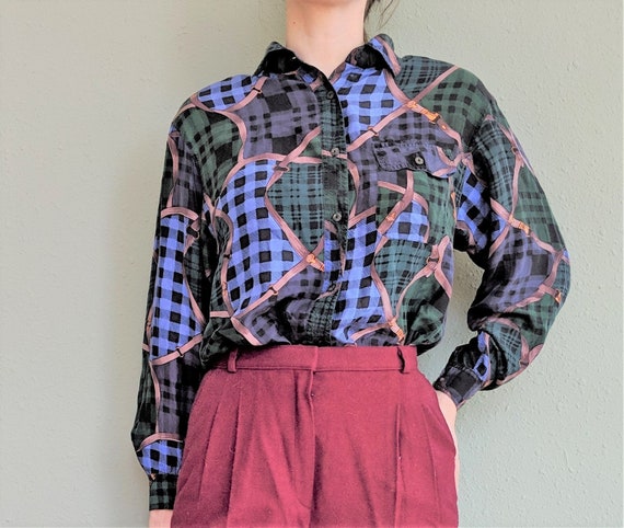 1990s Abstract Silk Blouse, Pure Silk Collared Bu… - image 1