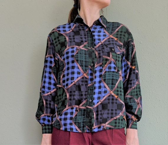 1990s Abstract Silk Blouse, Pure Silk Collared Bu… - image 5