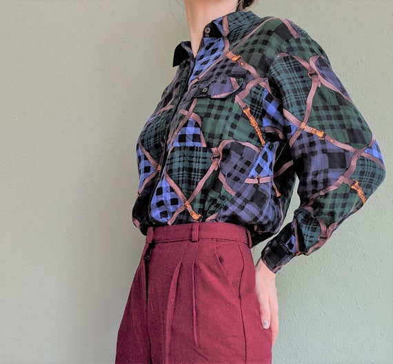 1990s Abstract Silk Blouse, Pure Silk Collared Bu… - image 3