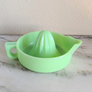 New Jadeite Green Glass Small Juicer Pitcher and Reamer Retro Depression Style New Jadeite Green Glass Small Juicer Pitcher and Reamer Retro Depression Style