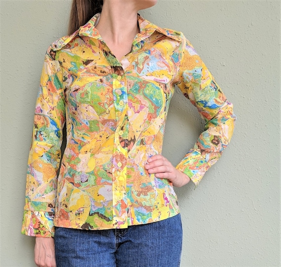 1970s Psychedelic Button Up Shirt, Vintage Ladies… - image 5