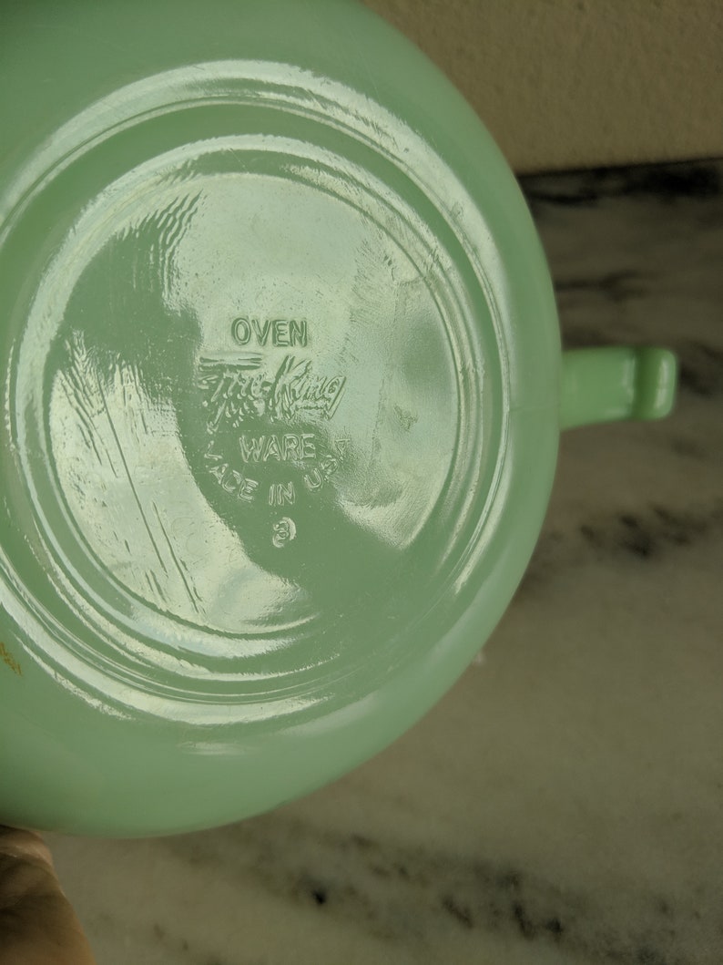 Fire King Collectible Green Milk Glass Vintage Jadite Mixing Batter Bowl Spout Handle Fire King Double Spout Jadeite Skillet Bowl