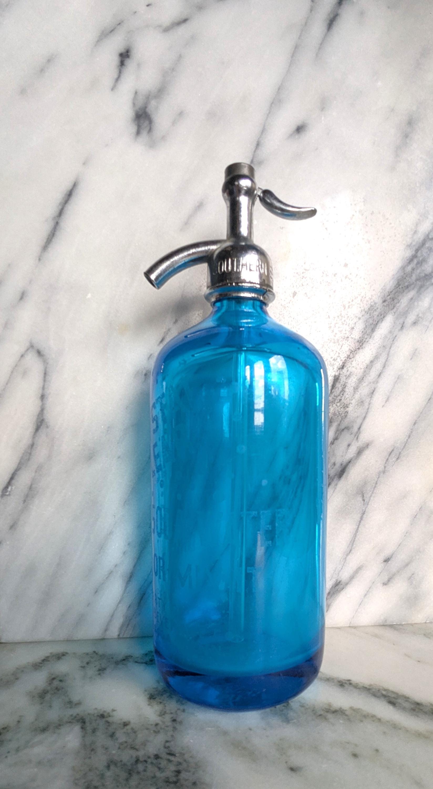 Vintage Blue Glass Seltzer Bottle, Czechoslovakian Sparkling Soda