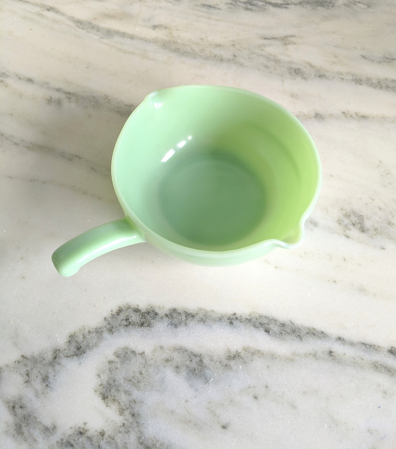 Fire King Collectible Green Milk Glass Vintage Jadite Mixing Batter Bowl Spout Handle Fire King Double Spout Jadeite Skillet Bowl