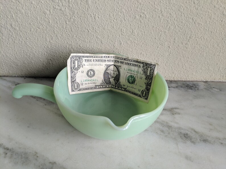 Fire King Collectible Green Milk Glass Vintage Jadite Mixing Batter Bowl Spout Handle Fire King Double Spout Jadeite Skillet Bowl