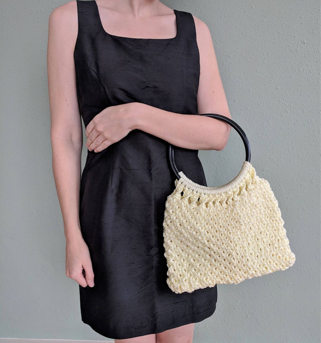 1960s White Crochet Purse, Mid Century Fashion Purse, Vintage Handmade