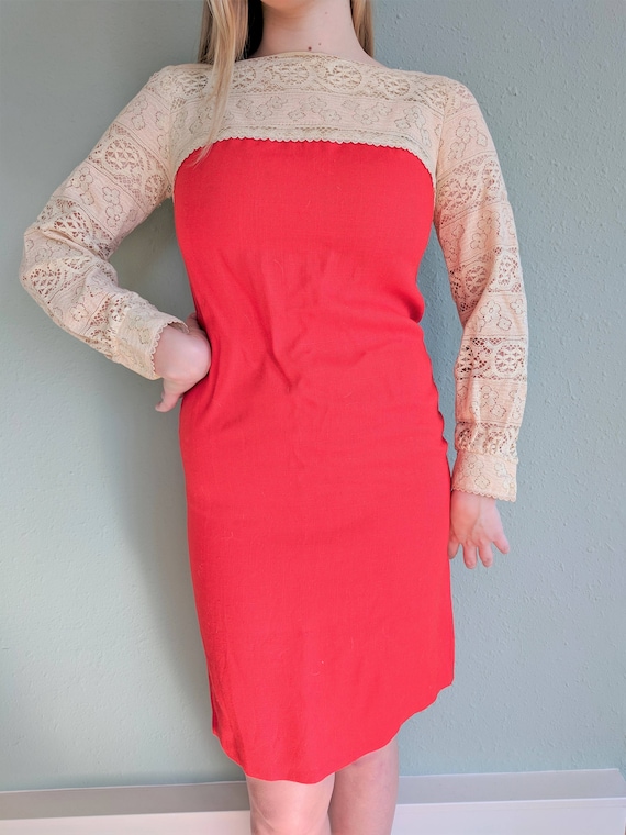 1960s Orange Linen and Lace Dress, Retro Orange a… - image 2
