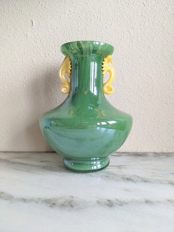 Large Green Murano Glass Vase With Yellow Handles, Italian