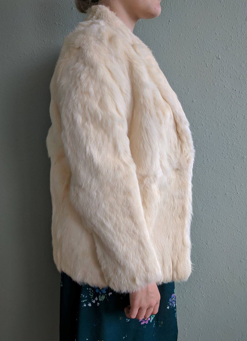 Vintage Rabbit Fur Coat Blazer, 1980s Boho Fur Coat, Hobo Fur Coat, Vintage White Bridal Fur Coat, Bohemian Coat, Snow Bunny Jacket, Medium image 3