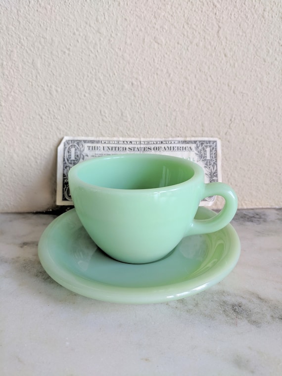 FLAWS 2 Fire King Jadeite Heavy Mugs & Saucers, Vintage Jadeite