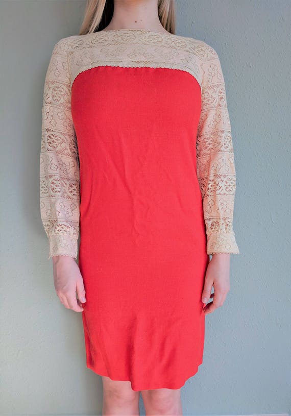 1960s Orange Linen and Lace Dress, Retro Orange a… - image 6