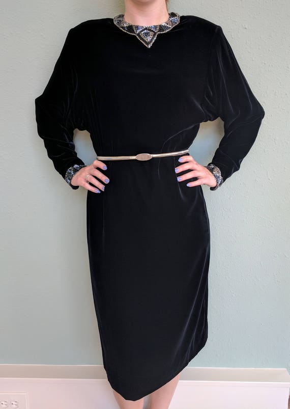 80s Black Velvet Shift Dress, Vintage Black Beade… - image 2