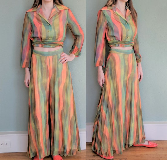 1970s Palazzo Disco Jumpsuit Set, Hippie Boho Mus… - image 1