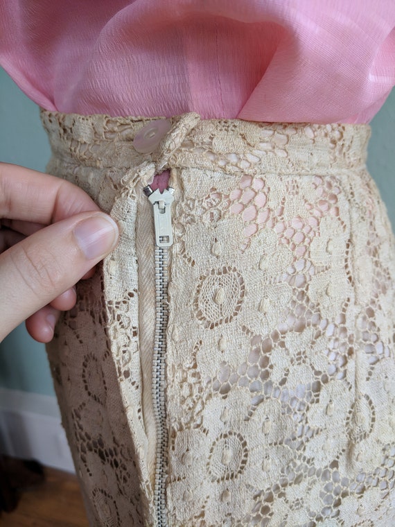 1950s Lace Pencil Skirt Vintage Cream Ivory Floral Lace Skirt