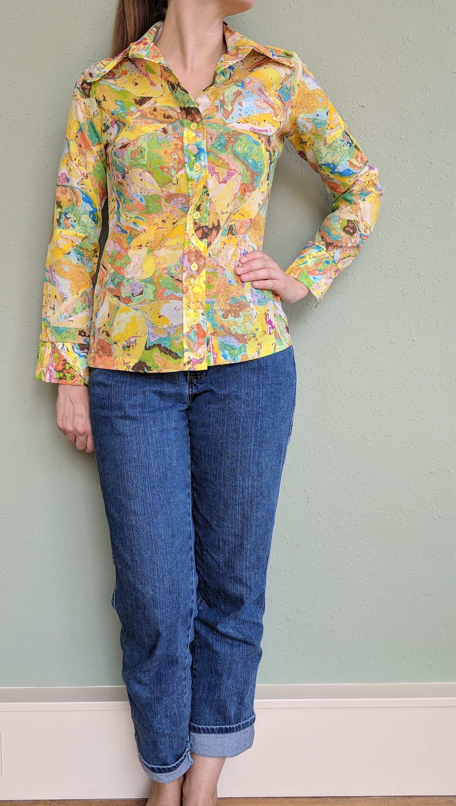 1970s Psychedelic Button up Shirt Vintage Ladies Long Sleeve - Etsy