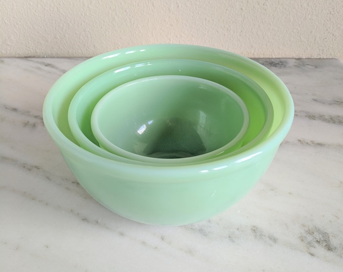 3 Fire King Jadeite Nesting Bowls Vintage Jadeite Beaded Rim Etsy