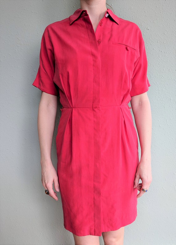 Vintage Red Silk Shirt Dress, 1980s Button Up Cas… - image 2