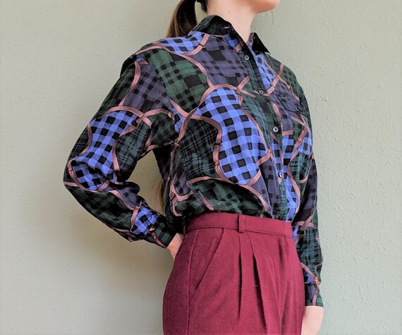 1990s Abstract Silk Blouse, Pure Silk Collared Bu… - image 4