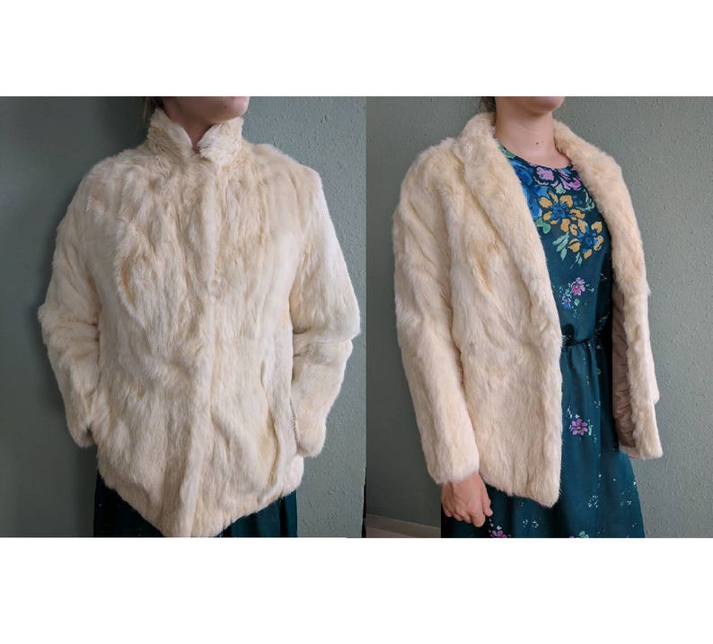 Vintage Rabbit Fur Coat Blazer, 1980s Boho Fur Coat, Hobo Fur Coat, Vintage White Bridal Fur Coat, Bohemian Coat, Snow Bunny Jacket, Medium image 1