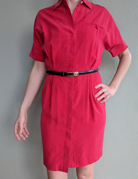 Vintage Red Silk Shirt Dress, 1980s Button Up Cas… - image 4