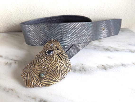 1980s NINA GELARDI Brass & Gemstone Art Belt Buckle, Vintage  display picture 1