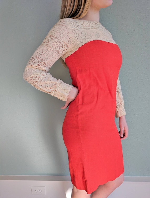 1960s Orange Linen and Lace Dress, Retro Orange a… - image 7