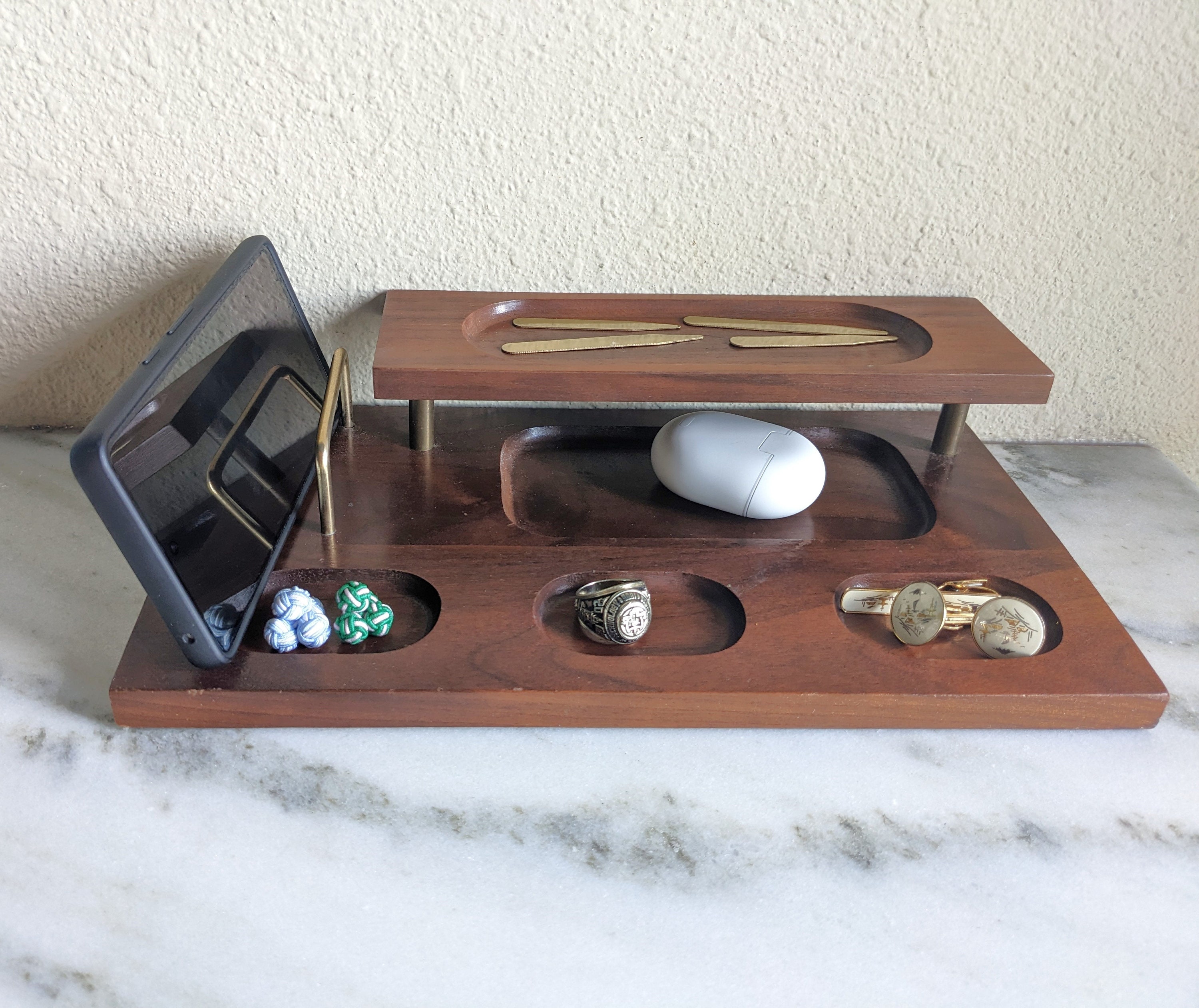 Vintage Walnut Wood Valet Tray, Mid Century Catch All, Wooden