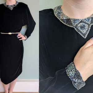 80s Black Velvet Shift Dress, Vintage Black Beaded Dress, Glam Goth Long Sleeve Velvet Dress, Glam Vampire Witch Halloween Costume Dress