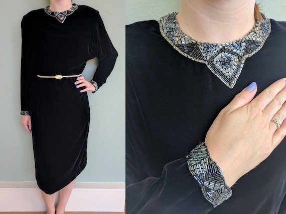 80s Black Velvet Shift Dress, Vintage Black Beade… - image 1